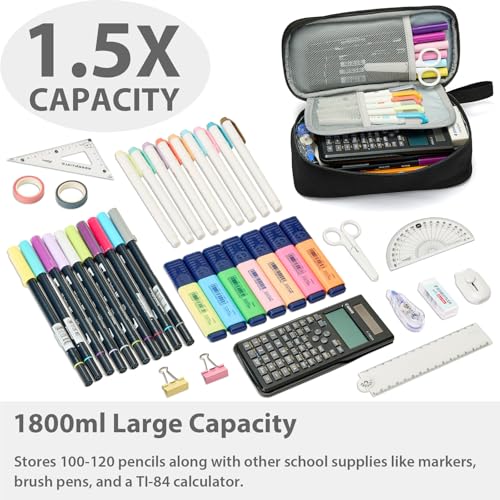 Image of SPACEMATE Pencil Case Pouch Box Bag School Supplies Girls Boys Kids, Cute Preppy Stuff Large Big Capacity Aesthetic Pen Organizer, Back to College Stationary, Black, Classic Stlye, 1800ml