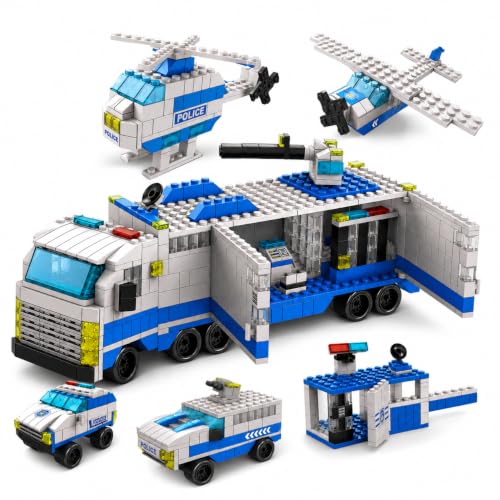 Image of SKY LINE OCEAN City Police Mobile Command Truck Building Block Set, 1000+ PCS Police Vehicles, Helicopter & Airplane Construction Kit, STEM Toy for Kids, 5-Year Structural Warranty