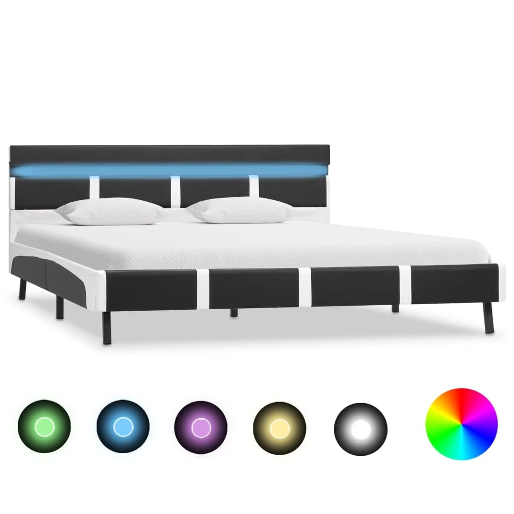 Estructura de cama con LED y piel sintética, 140 x 200 cm, moderna, color gris y blanco, para jóvenes y dormitorios