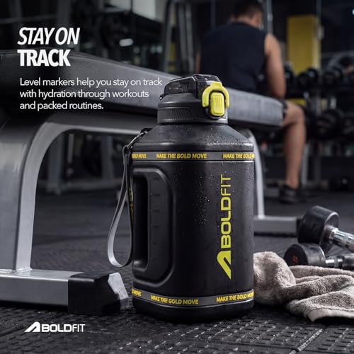 Image of Boldfit 1500ml Gallon Water Bottle for Gym- Motivational Sipper with Level Markings, Leakproof Sports Bottle with Easy Carry Handle for Men & Women, Black- 1.5L