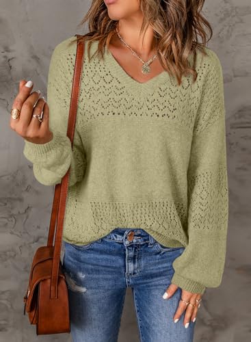 Image of SHEWIN Women's Sweaters Casual Long Sleeve V Neck Crewneck Lightweight Crochet Pullover Sweater Tops
