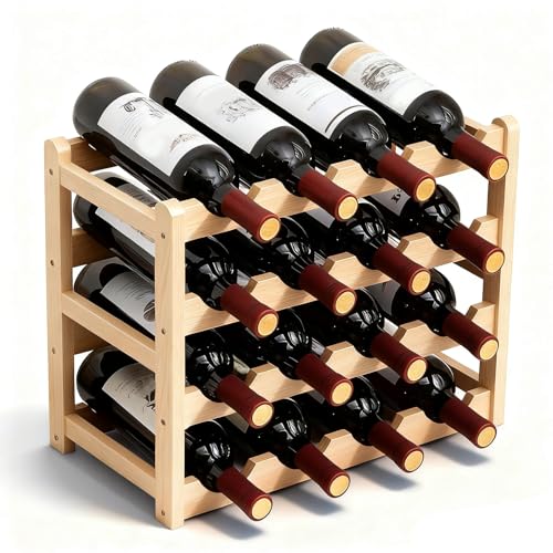 16 Bottles Wooden Wine Rack, 4 Tier Stackable Wine Storage Racks Free Standing Bottle Rack for Cupboard Home Kitchen Pantry Wine Cellar