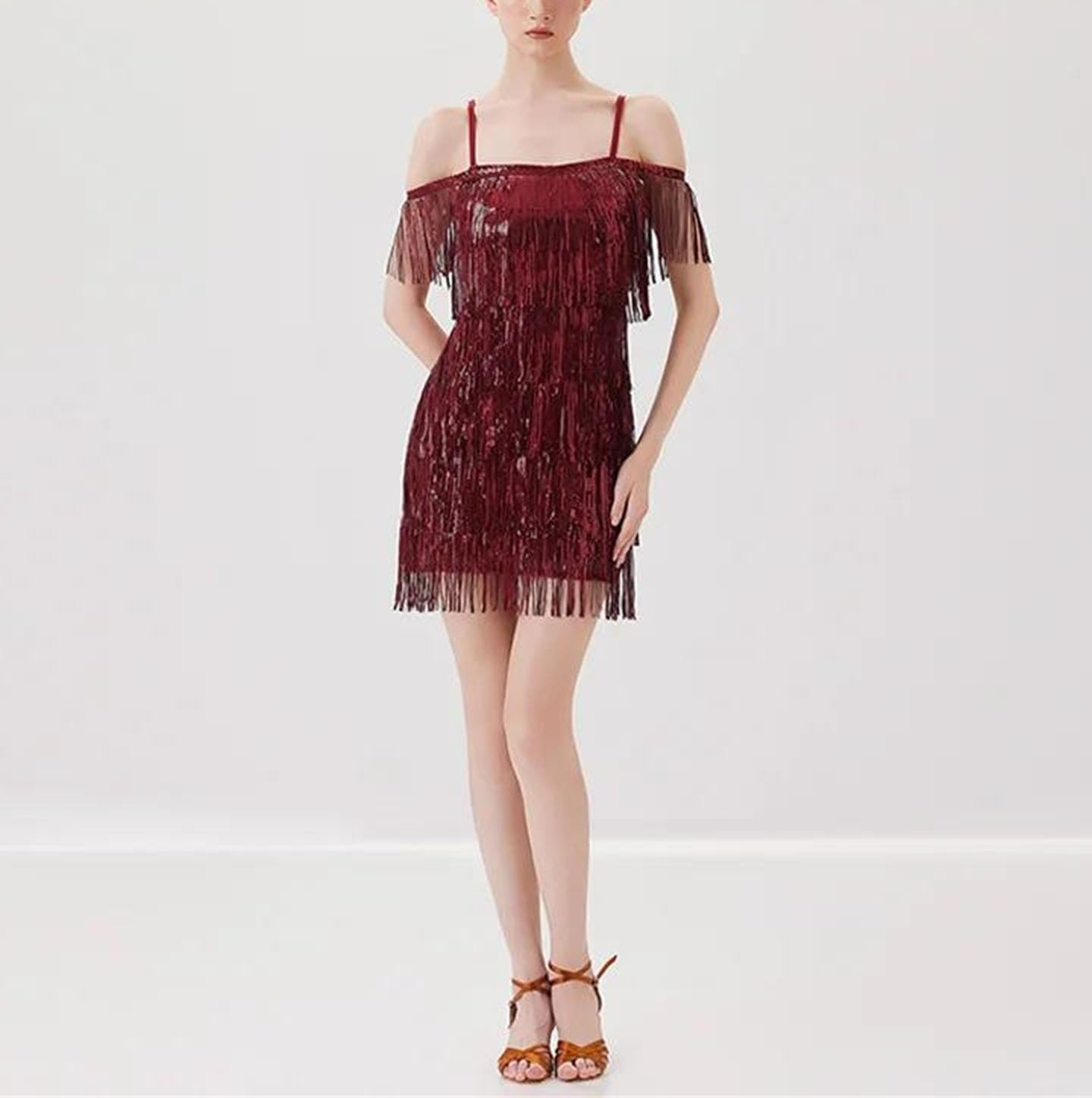 Women Latin Dance Practice Outfit Spring Sequin Tassel Backless Dress Adult Party Ball Training Wear
