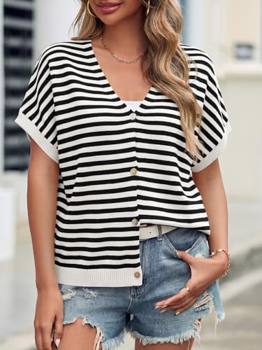 Image of Saodimallsu Womens Summer Oversized Cardigans Batwing Short Sleeve Lightweight Button V Neck Casual Knit Sweater Tops