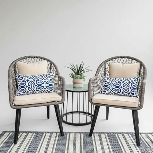 Image of LOCCUS 3-Piece Outdoor Patio Bistro Set - All-Weather Wicker Rattan Chairs with Soft Cushions & Glass Side Table for Backyard, Balcony & Deck (Grey & Beige)