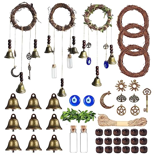 SHUANGART 44 Pcs Witch Bells DIY Kit for Door Knob with Wreaths Protection Witch for Bell Witchy Decor Hanging Wall Home Bedroom Garden Witchcraft Decorations Witches Wind Chimes Decor Retro Color
