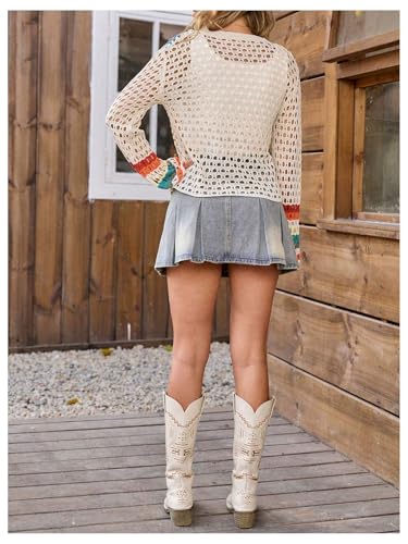 SHENHE Women's Floral Crochet Sweater Crewneck Hollow Out Knit Top Coverup Beach Sweater2