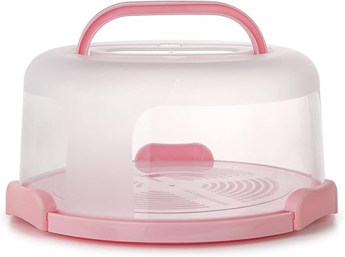 Zoofen - Porta tartas de plástico con asa, soporte para tartas de 10 pulgadas con tapa, contenedor rosa para tartas redondo de 10 pulgadas para