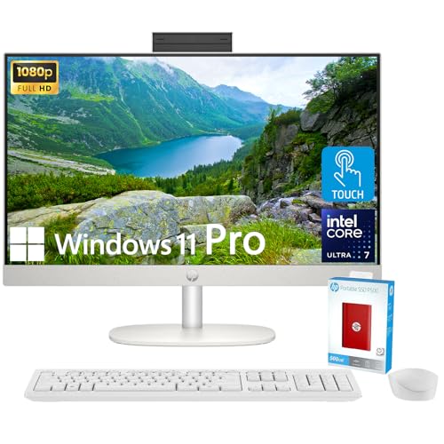 Image of HP 27 inch All-in-One Desktop Computer, FHD IPS Touchscreen, 12-core Intel Core Ultra 7-155U Processor, 32GB DDR5, 1TB SSD, Wi-Fi 6, HDMI, Wireless KB&Mouse, Windows 11 Pro, w / 500G P500 Portable SSD