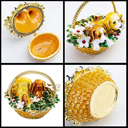 Yu Feng Puppy Flower Basket Trinket Boxes Hinged Rhinestones Jeweled Painted Enameled Collectible Dog Animal Figurine Jewelry Holder Box #TOP4