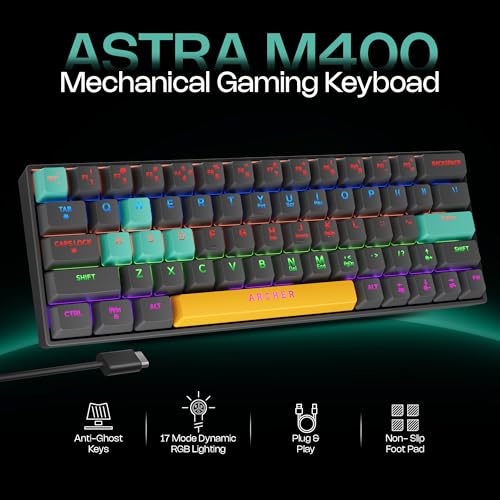 Image of Archer Tech Lab Wired Mechanical Gaming Keyboard| 60% Compact, 63 Keys+ 26 Anti-Ghosting, Blue Switches Tactile Feedback, 17 RGB Effects, 50 Million Clicks for Laptop Mac PS4 PS5 Xbox (Astra M400)