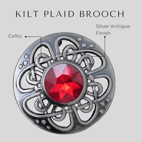 Image of Elegant Culloden Plaid Brooch - Scottish Kilt Fly Plaid Brooch Intricate Celtic Knot in Pewter with Gemstone 3-Inch Diameter - Ideal for Scottish Kilts & Formal Wear