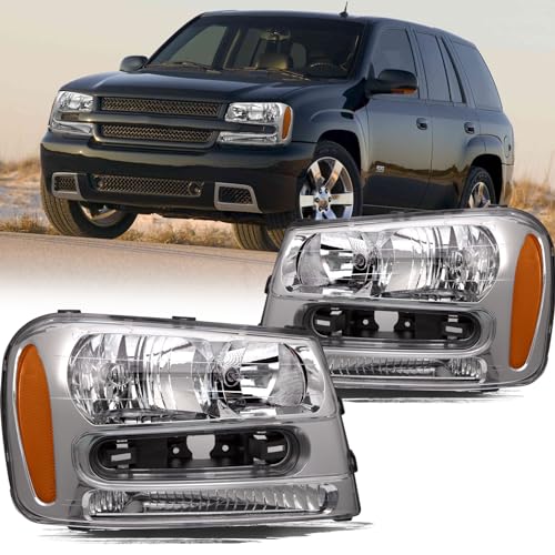 Aosky Headlight Assembly Compatible with 2002-2009 Chevy Trailblazer [Full Length Grill Bar Model] Halogen OE Style Replacement Front Light Pair Set Chrome Housing & Amber Reflector