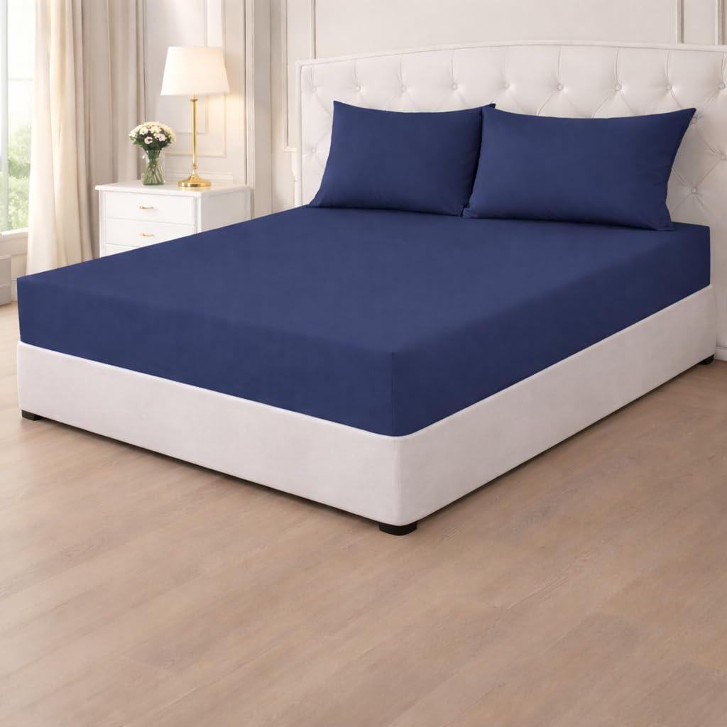 Poly Cotton Fitted Sheets 25cm,Plain PolyCotton Fitted Bed Sheets,Shrinkage & Fade Resistant Percale Quality Fitted Sheets,Non Iron Easy Care (Navy Blue, King)