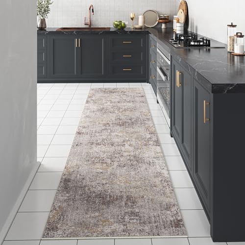 Runner Rug 2x8 Beige Machine Washable Modern Abstract Hallway Carpet Non Slip Neutral Long Carpet Low Pile Soft Non Shedding Contemporary Rug for Bathroom Laundry Kitchen Bedroom 2' x 8' (Ru