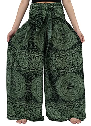 B BANGKOK PANTS Womens Boho Palazzo Pants Wide Leg Lounge Pants with Pocket (One Size Blossom Green)
