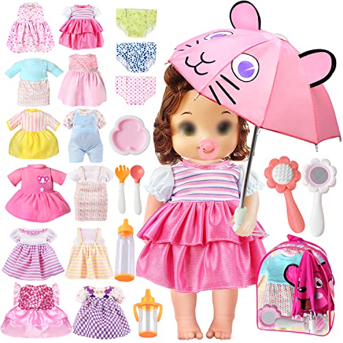 25 Pack Alive Baby Doll Clothes Accessories Girl Gift, 12 PCS Dress Fit 13 14 15 inch American Doll Girl & Baby Bitty Doll with Underwear Diapers Umbrella Milk Bottle Backpack