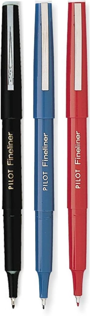 Pilot Fineliner Markers, Fine Point, Assorted Ink Colors - Black 11002, Blue 11014, Red 11015, 1 for Each
