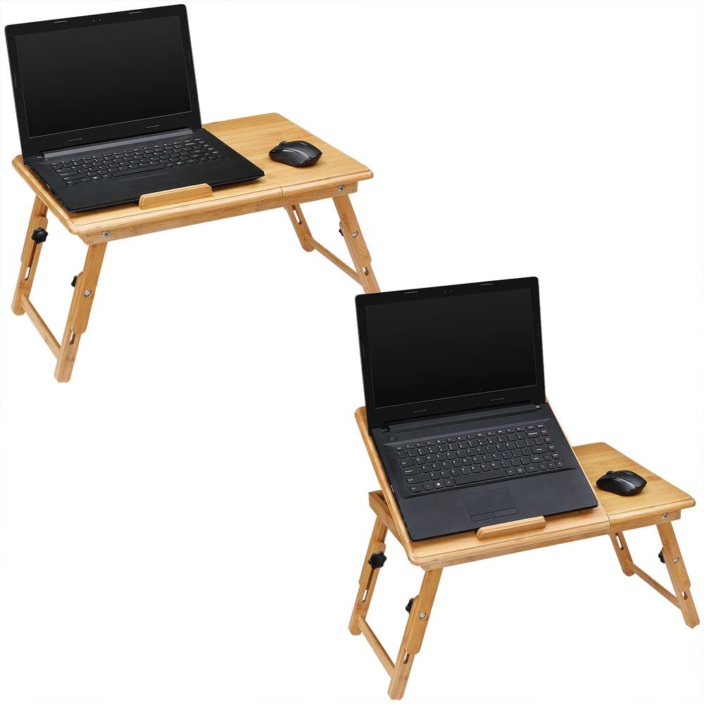 CASARIA® Table de lit Pliable Support Ordinateur Portable réglable inclinable Bambou Bureau de lit tiroir de Rangement