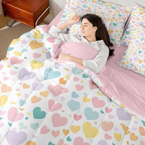 Image of Erosebridal Girls Heart Pattern 7 Piece Comforter Set Twin Rainbow Heart Bed in A Bag Kawaii Valentine Theme Bedding Sets for Kids Girls Cartoon Geometric Sheet Set with Comforter