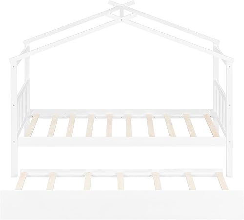 Miniatura 203 de Merax Cama de madera de tamaño individual con dos cajones, marco de cama de madera con techo para niños, adolescentes, niños o niñas, gris