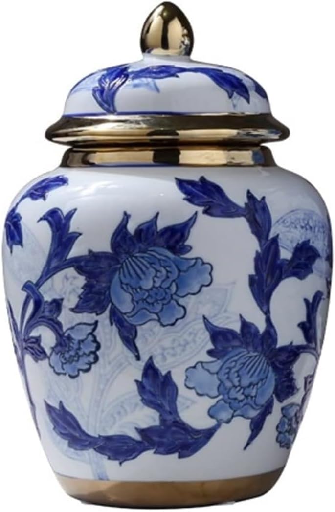 Food Storage Jar,Decorative Jar Ginger Jar Vase Decor Ceramic Ginger Jar Vases with Gold Trim Blue and White Porcelain Floral Vase Chinoiserie Temple Jar with Lid Ginger Ja,A-19.5 * 28Cm