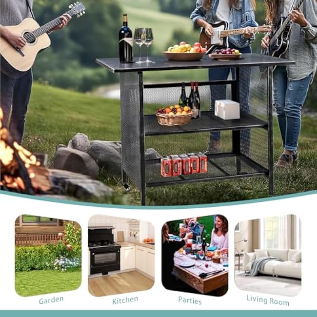 Industrial Kitchen Serving Cart, 3-Tier Metal Storage Trolley, 47.3 x 19.7 x 36.6 inches, Black with Wheels-Z9cTRaGm