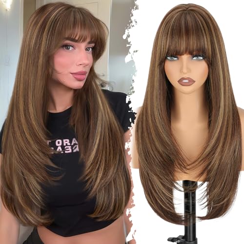 XIXIBI Long Brown Wig with Bangs, Brown Mixed Blonde Layered