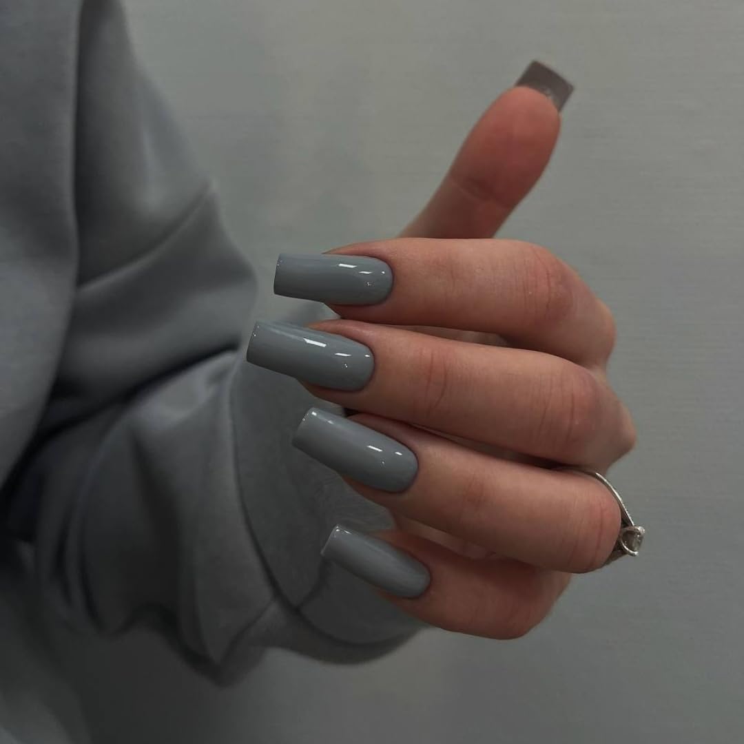 KQueenest Dark Grey Press on Nails Long Medium Square, Glossy Solid Fake Nails Press ons, Glue on Nails Medium Coffin, Gel Square Tip Nails, Acrylic