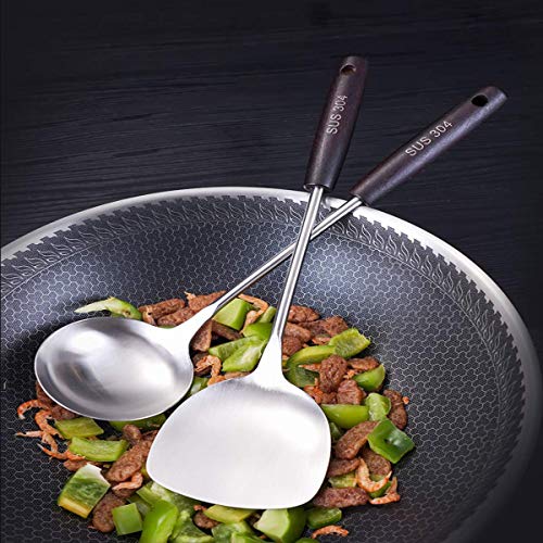 Image of Stainless Steel Wok Ladle & Shovel /Spatula - 36cm Metal Soup Ladle & Wok Spoon Spatula Set With Wooden Handle