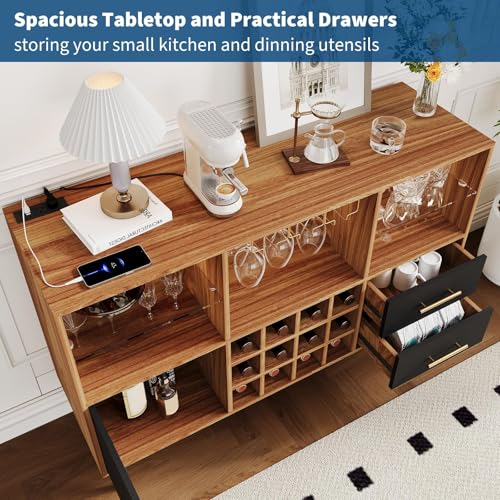Image of 47 inch Bar Cabinet with LED Lights & Charging Station, Freestanding Liquor Cabinet with for Living Room, Decorative Kitchen and Living Room Compact Wine Bottle Storage for Living Room, Brown