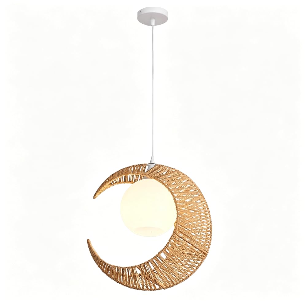 CHUNGYANG Creative Hemp Rope Chandelier Light Fixture Retro Restaurant Guesthouse Bar Pendant Light Moon-Shaped Hemp Rope Lampshade with Adjustable Suspension Line Boho Hand-Woven Study Hanging Lamp