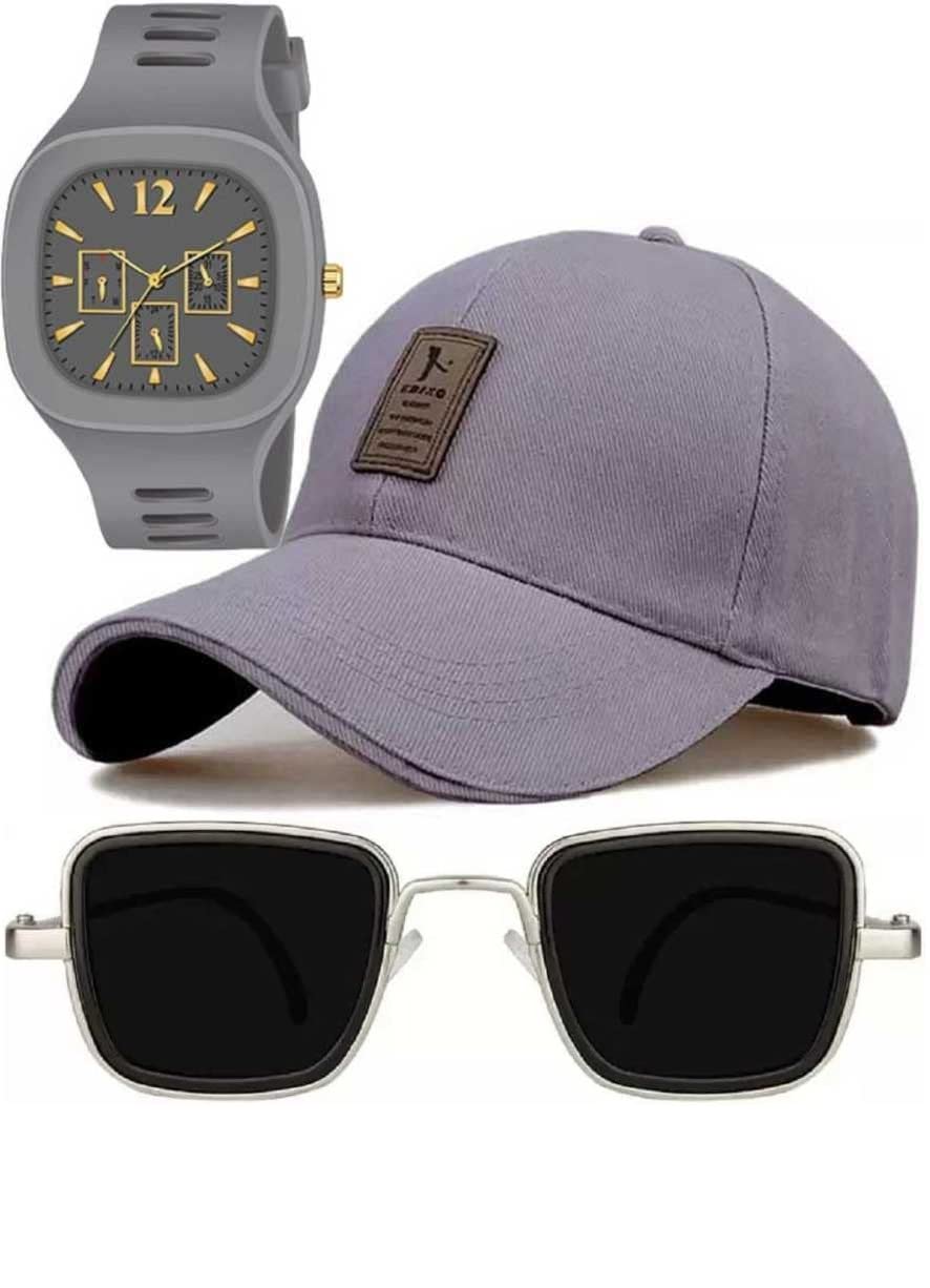 SELLORIA Brand Square Shape Analog Grey dial wth Black Sunglass Silver Frame with Boys trendi Cap Grey for Mens and Boys Pack of - 3 [7-40 Years] (B0B3XWFPRM) Amazon Price History, Amazon Price Tracker
