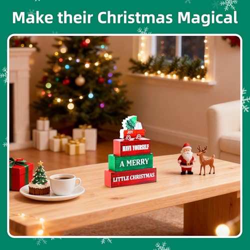 Image of 4 Pcs Christmas Wooden Tiered Tray Decor, Merry Christmas Decorations Gifts for Home, Winter Table Centerpiece for Xmas Party Kitchen Office