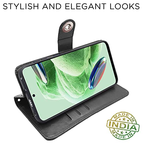 Image of Pikkme Poco X5 5G / Redmi Note 12 5G Flip Cover Leather Finish | Inside TPU with Card Pockets | Wallet Stand and Shock Proof | Complete Protection Button Flip Case (Black)