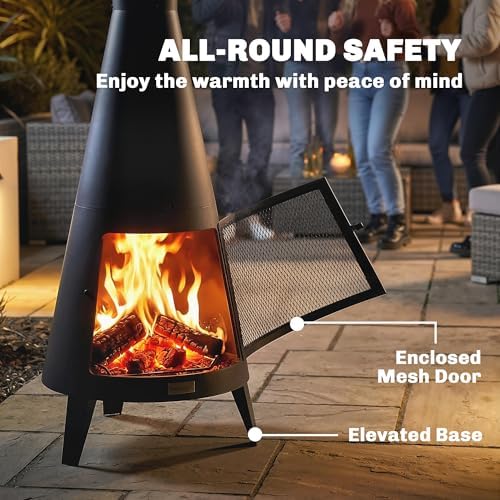 Outsunny Wood Burning Firepit with Chimney, Outdoor Fire Pit with Poker, Mesh Screen, Outdoor Fireplace for Patio Garden, Black - 4