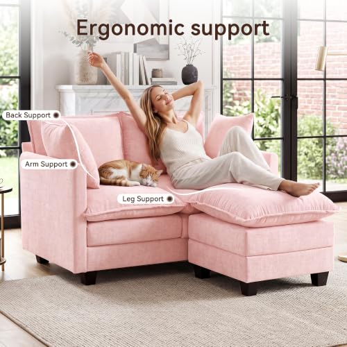 Image of 50 inch Love Seat with Ottoman, Small L Shape Cloud Sofa Couch, 2-Layer Cushion & 27 inch Deep Seat, 2 Pillows for Small Spaces, Bedroom, Apartment, Office, Living Room, Pink