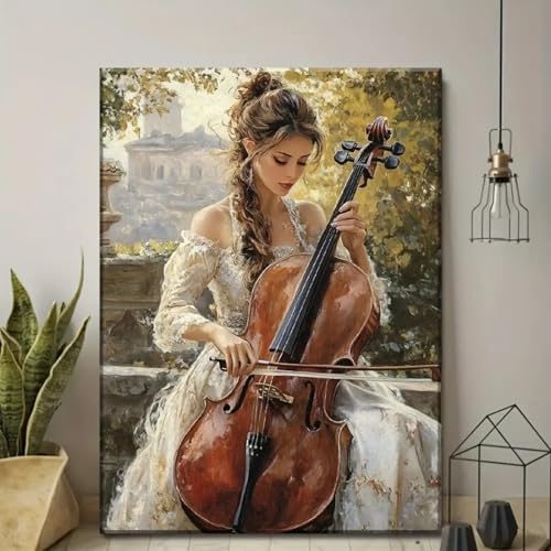 Toile de violoncelliste 50x70cm | Cadre peinture huile pour décoration salon moderne