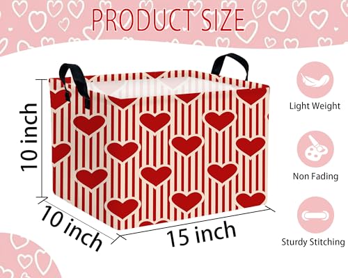 Image of Large Valentine's Day Basket Heart Shaped Storage Bin for Gifts Collapsible Organizer Room Decor (Vertical Bar Red Love)