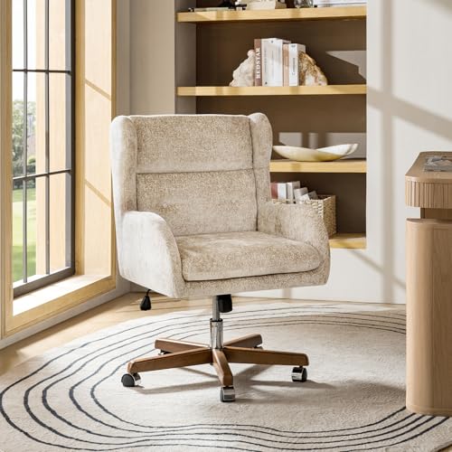 Image of HULALA HOME Modern Swivel Office Chair with Solid Wood Base, Oatmeal