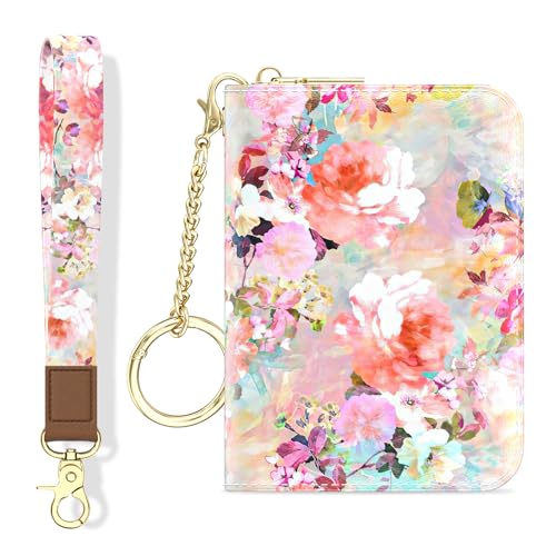 Image of Aiawoxc Credit Card Holder, Small RFID Wallet Slim Leather Card Organizer Case with Zipper and Wristlet Strap, Watercolor Flowers