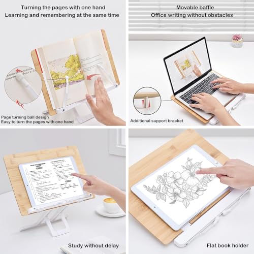 Book Stand for Reading, Bamboo Recipe Cookbook Holder for Kitchen, Adjustable Book Holder with Page Clips for Music Scores, Recipe, Magazines, Laptop (Original Wood + White) - Image 4