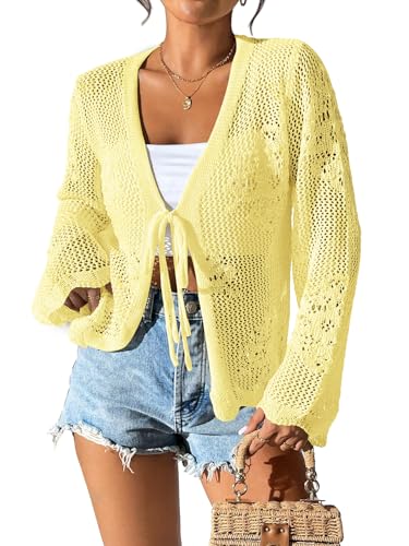 Image of Womens Tie Front Lightweight Crochet Cardigan Shrugs Knit Cardigan Crop Tops Cover Up