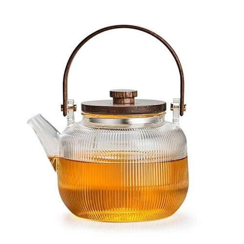耐熱ガラスティーポット おしゃれ ガラス 茶器 大容量 木製持ち手 茶こし付き 紅茶ポット 直火可 ih対応 割れにくい 食洗機対応 和風 分茶器 ホーム 業務用 飲食店 お店用 ティーパーティに大活躍 (クルミ色縦縞,800ml)