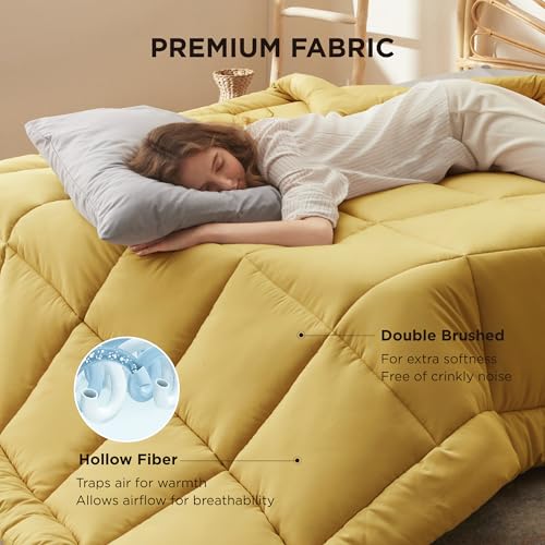 Image of Bedsure Comforter Duvet Insert - Quilted Comforters Queen Size, All Season Duvet, GentleSoft Down Alternative Bedding, with 8 Tabs, Gifts for Women /Men, Mustard Yellow, Queen 88 x 88 Inches