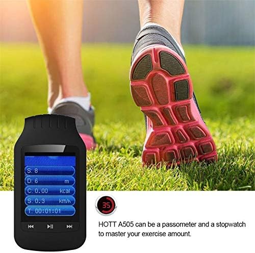 HOTT MP3 Player HA09 displaying pedometer data (steps, distance, calories, speed, time) with a blurred background of a person running.
