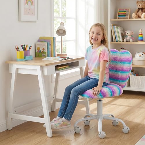 Image of Kmax Kids Reading Chair, Rolling Cute Desk Chair for Girls Swivel Office Chair with Wheels & Heart Back Adjustable Childrens Vanity Chair for Bedroom Reading Room - Faux Fur, Rainbow