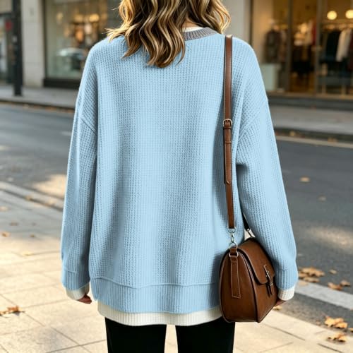 Waffle Knit Oversized Sweatshirts for Women Crew Neck Layered Shirts Blue - image 6