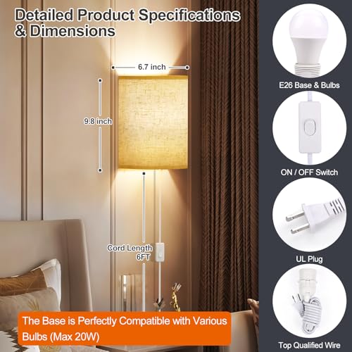 Plug in Wall Sconces Set of Two: Wall Lights with On/Off Switch - Stepless Color Temperature Wall Mount Lamps - Fabric Linen Wall Sconce for Bedroom Living Room & Hallway- Indoor Corded Wall Sconces by Yunaking - Image 5