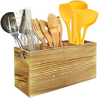 Wooden Utensil Holder Bamboo Organiser Kitchen Utensils Cutlery Holder with 3 Compartments, Wood Cutlery Caddy Holders, Cooking Tools Set Storage Pots (Honey with 3 Compartments)